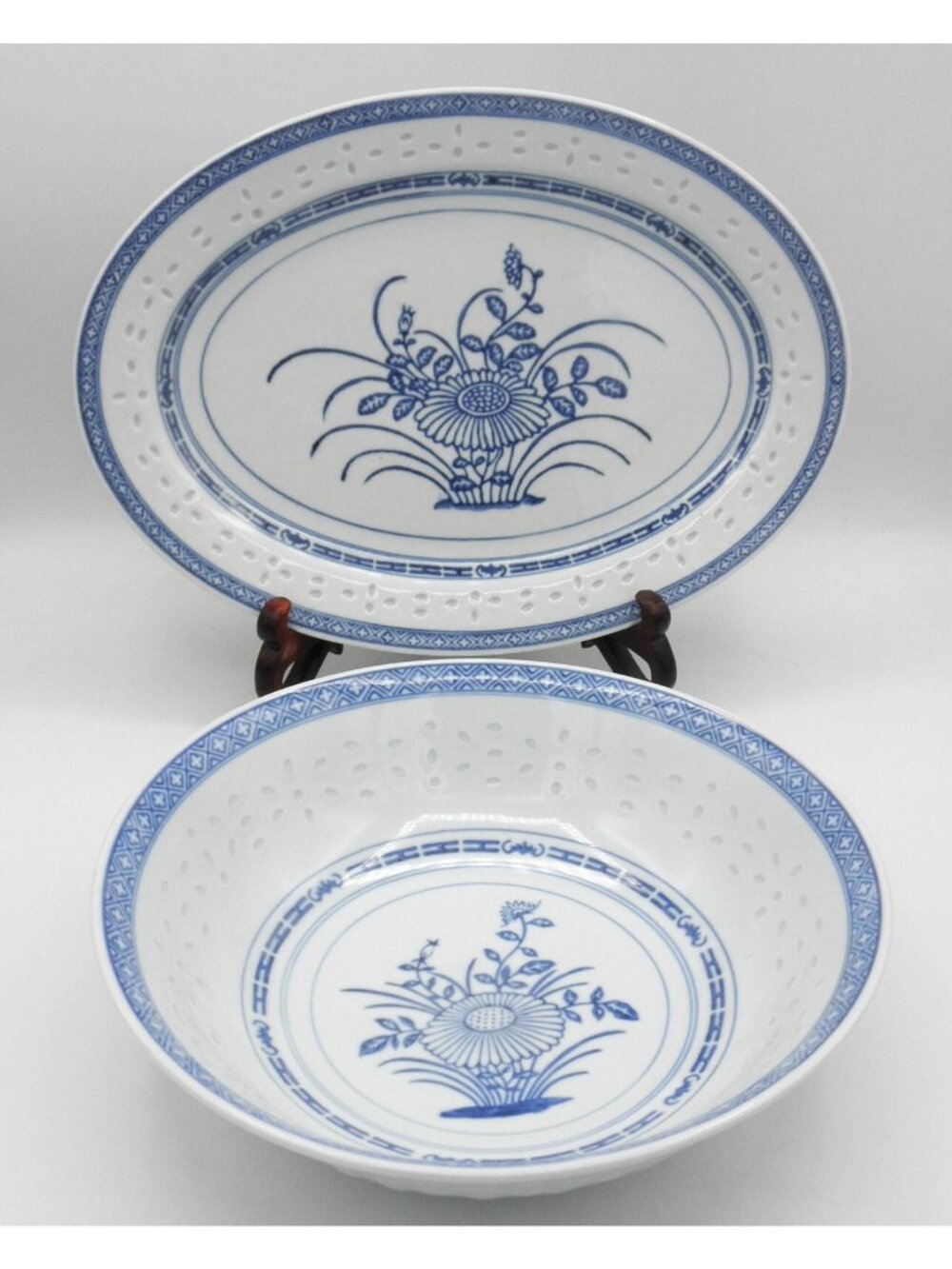 Jingdezhen China Rice Eye Grain Chrysanthemum Serving Platter and Serving Bowl